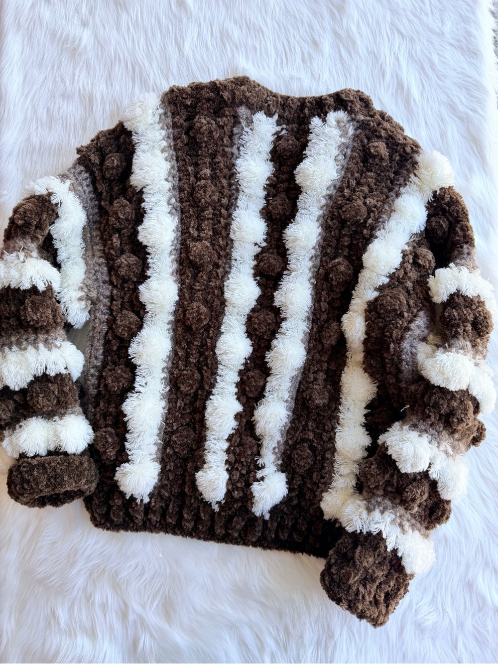 Vintage 90s Cee Brown Stripe Pom-Pom Fuzzy Zip Jacket Novelty Knit XL - Picture 10 of 13